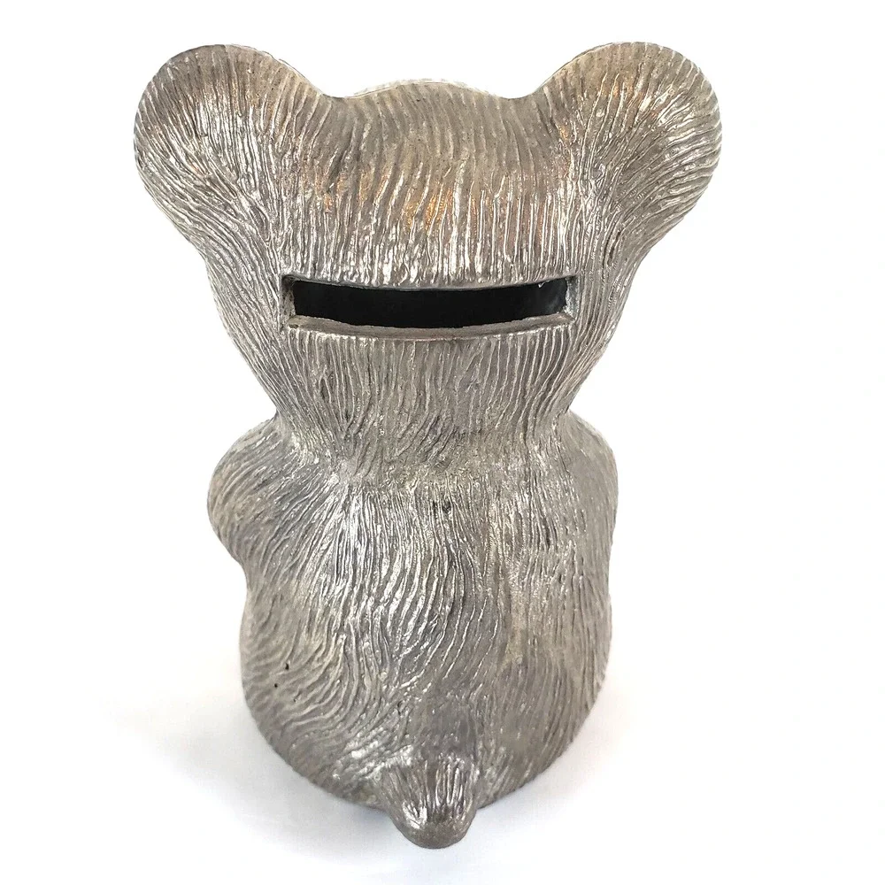 Baby Bear Holding Teddy Bear - Metal Bank / Statue - Vintage Made Taiwan 1970's!